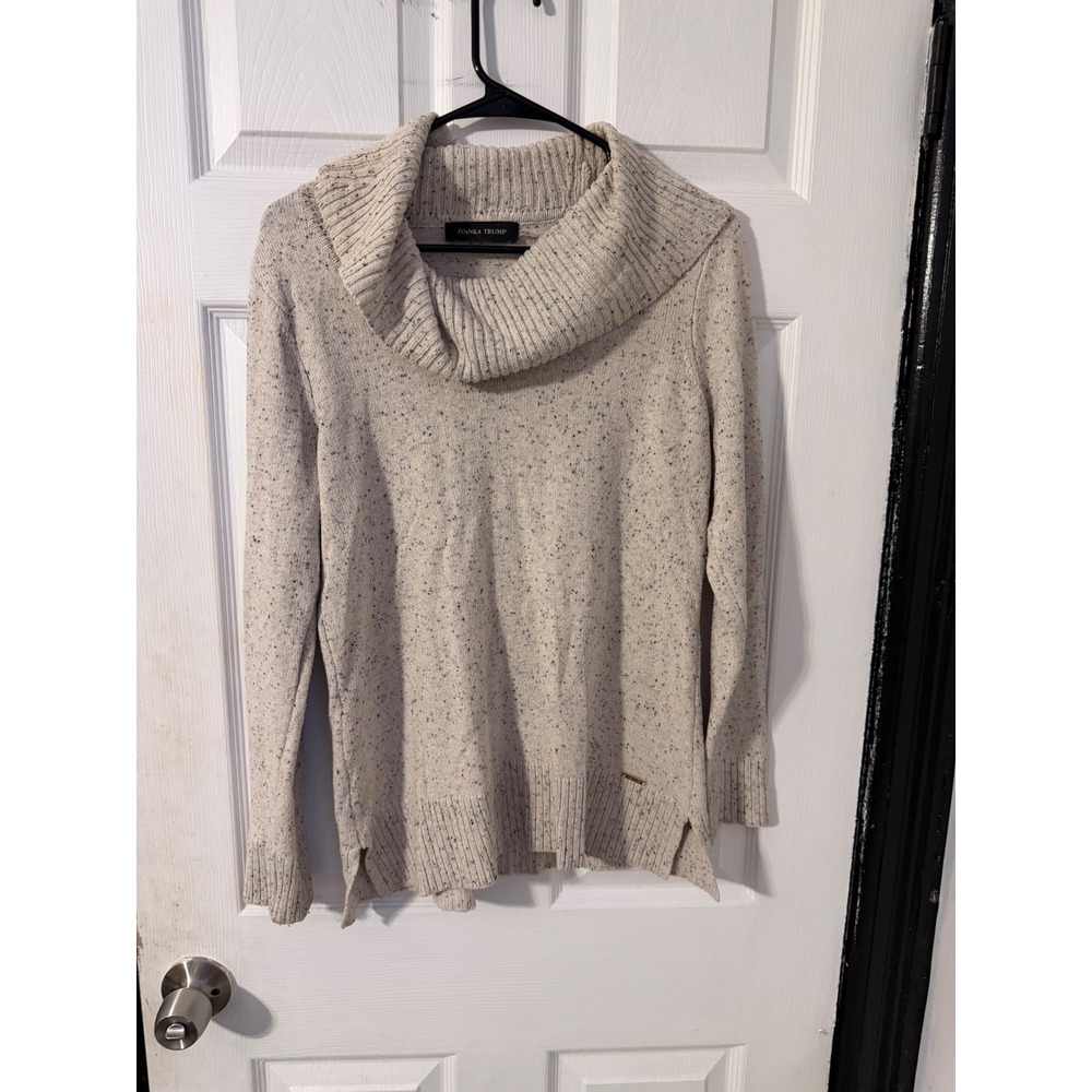Ivanka Trump Womens Cream Blue Speckled Marled Cowl Neck Sweater Size M